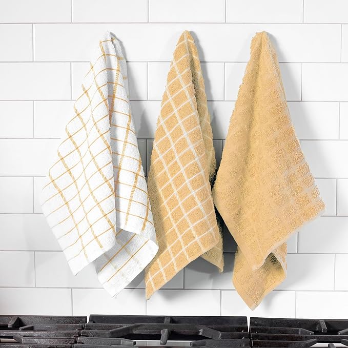 Ritz Premium 100% Cotton Terry Check Kitchen Dish Towels - Highly Absorbent, Super Soft, Long-Lasting, 25"x15", 3-Pack, Straw