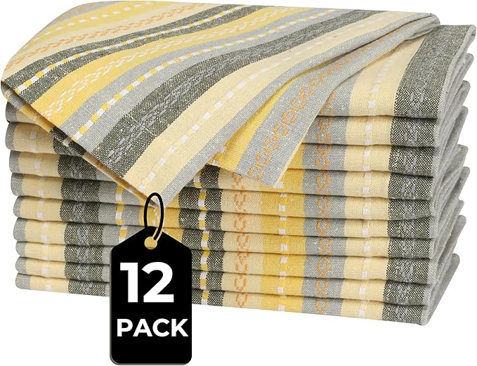 Cloth Napkins Set of 12 – 100% Cotton Dinner Napkins 18x18 Inch – Yellow Multi Color, Machine Washable, Reusable – Ideal for Weddings, Parties, Restaurants