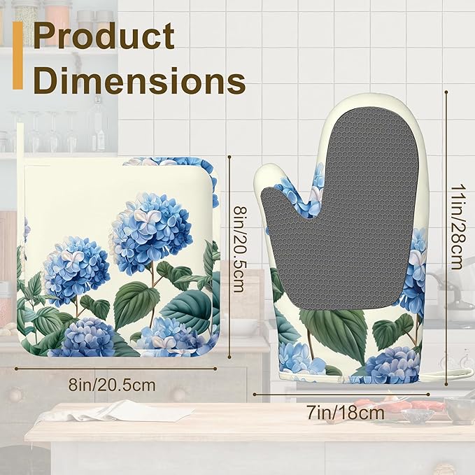 Blue Hydrangea Flower Spring Oven Mitts and Pot Holders Set of 4,Heat Resistant Non Slip Kitchen Gloves Hot Pads,Chef Cooking Baking Gifts for Women Bakers,Kitchen Cooking Lover Cooks