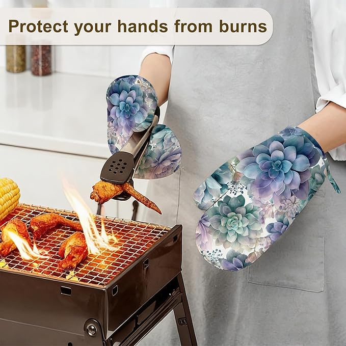 Succulent Botanical Floral Oven Mitts and Pot Holders Sets of 4, Heat Resistant Silicone Oven Mitts Gloves Non-Slip Kitchen Mittens Potholders for Cooking Baking Grilling BBQ