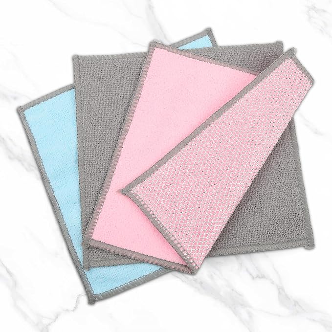 12Pack Upgrade Multipurpose Wire Dishwashing Rags, Dual-Side Non Scratch Wire Dishcloth, for Wet and Dry Use, Reusable Metal Scrubbing Microfiber Clean Cloths for Home/Kitchen/Stove(Pink)