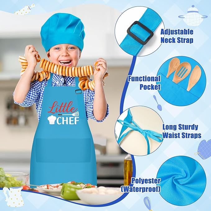 GROBRO7 4Pcs Kids Apron and Chef Hat Set Gift for Girls Boys Junior and Little Chef Identity Adjustable Kitchen Child Aprons with 2 Pockets Waterproof Smocks Hats for Baking Cooking Painting Training