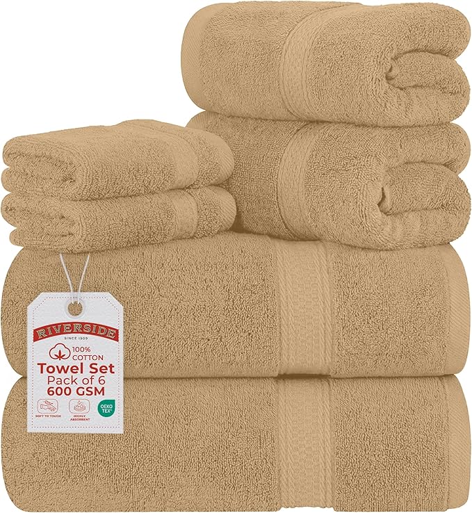 RIVERSIDE Luxury 6 Piece Towel Set, 2 Bath Towels, 2 Hand Towel, 2 Wash Cloths, 100% Cotton, 600 GSM Hotel Quality, Soft, Highly Absorbent Towels for Bathroom, Tan Towel Sets