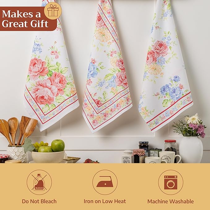 Maison d' Hermine Kitchen Towels Set of 3 100% Cotton 27.50" x 20" Reusable Cloth Tea Dish Towels Absorbent with Hanging Loop for Kitchen Gifts for Mothers Day Spring/Summer (Vintage Floral)