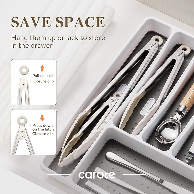 CAROTE Tongs for Cooking Heat Resistant Stainless Steel Kitchen Tongs with Non Scratch Silicone Tips, Perfect for Nonstick Cookware, BBQ Tongs Set of 3 (7"+9"+12")