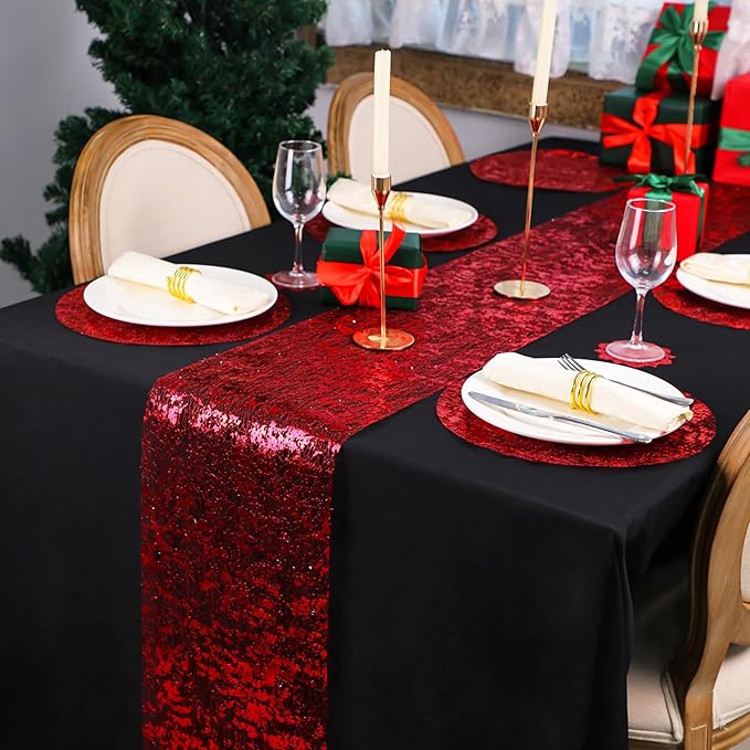 Snowkingdom Red Sparkly Table Runner Glitter Sequin Glitter Metallic Foil Mesh Lace 11 Inch x 49 Feet Long Roll Centerpieces Decorations for Wedding Anniversary Mother's Day Valentine Party Birthday