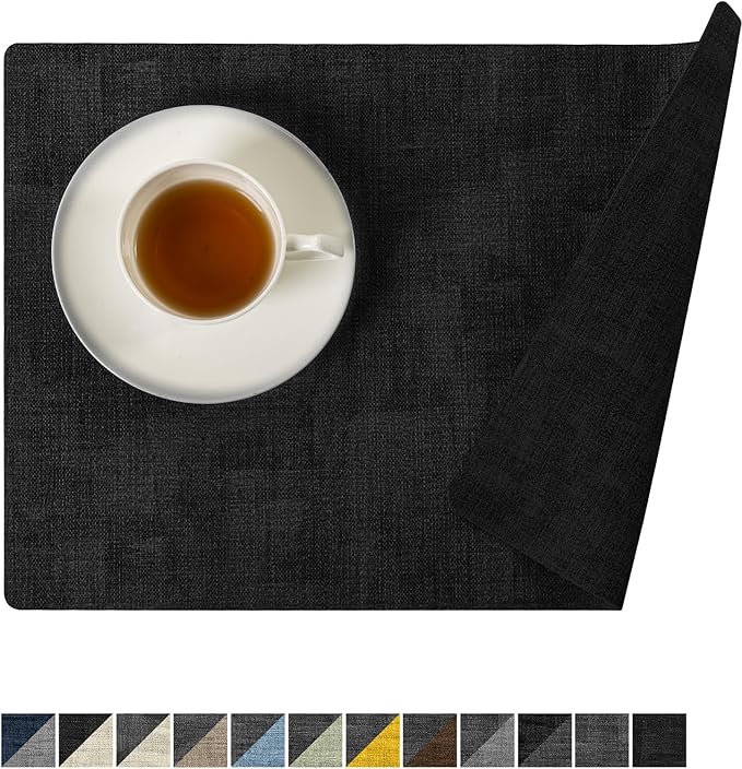 Romanstile Vinyl Placemats Set of 6-12x17 Inch, Reversible Waterproof Washable Non Slip Table Mats, Faux Leather Heat Resistant Wipeable Table Placemats for Dining/Party/Indoor/Outdoor, Black