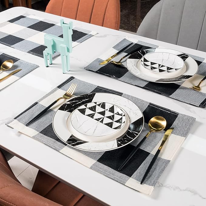 Black and White Placemats Set of 4, Linen Buffalo Plaid Double Layer Spring Placemats Check Kitchen Table Mats,Waterproof Heat Resistant Durable Cloth Washable Placemats 13 x 19 Inches