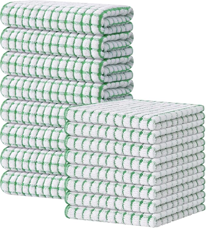 Kitinjoy Cotton 16 Pack Kitchen Towels and Dishcloths Sets, 16 x 25 Inch & 12 X 12 Inch Dish Towels Bulk, Super Soft and Absorbent Hand Towels for Kitchen Drying, Green