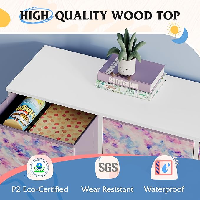 WLIVE 9 Drawer Dresser, Fabric Storage Tower for Bedroom, Hallway, Closet, Tall Chest Organizer Unit for Bedroom with Fabric Bins, Steel Frame, Wood Top, Tie-dye Print (Pink, Purple, Blue)