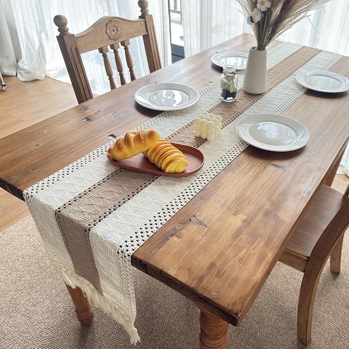 Boho Table Runner for Fall Home Decor with Tassels 108 in Farmhouse Rustic Cream & Brown Table Runner Macrame Burlap Table Decoration for Living Room Bridal Shower(12x108 in, Fringe Included)