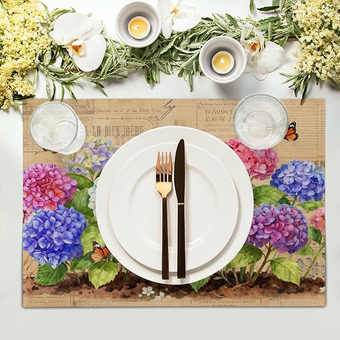 Vintage Hydrangea Floral Linen Placemat 12 X 18 in Table Place Mat Set for Family Dinners Wedding Party