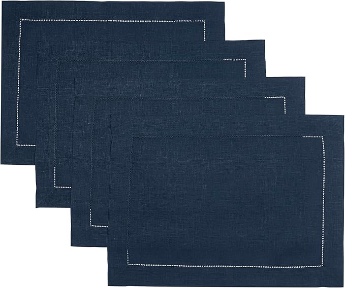 D'Moksha Homes Linen Placemats Set of 4 - Classic Hemstitch Navy Blue Placemats 14 x 19 Inch - 100% Pure Linen Table Mats for Spring - Handcrafted and Machine Washable