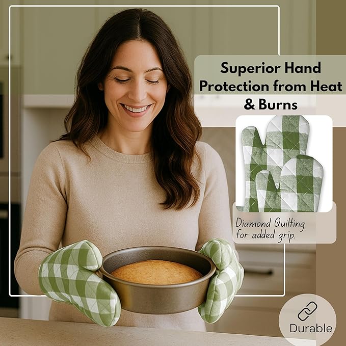 Native Fab Buffalo Plaid Check Oven Mitts and Pot Holders Set of 4, 100% Cotton Heat Resistant Kitchen Gloves, 2 Oven Mitts (7x13), 2 Pot Holders (8x8) for Cooking & Baking, Mint Green White