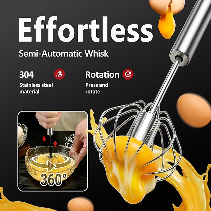 Li&Zhao Semi Automatic Whisk-2-Pack Stainless Steel Hand Push Rotary Egg Whisk and Manual Egg Beater for Blending Frothing Stirring Durable Metal Whisk for Kitchen Coffee Baking