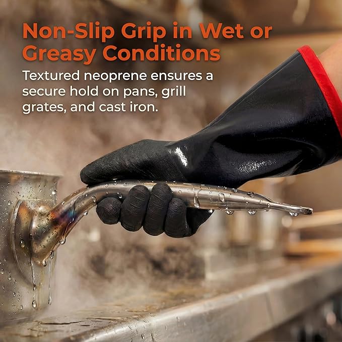 932°F Heat Resistant BBQ Gloves, 14-Inch Waterproof Neoprene Grill Gloves, Oil & Slip Resistant with Cotton Lining, for Oven, Smoker, Fire Pit, Rotisserie and BBQ Cooking
