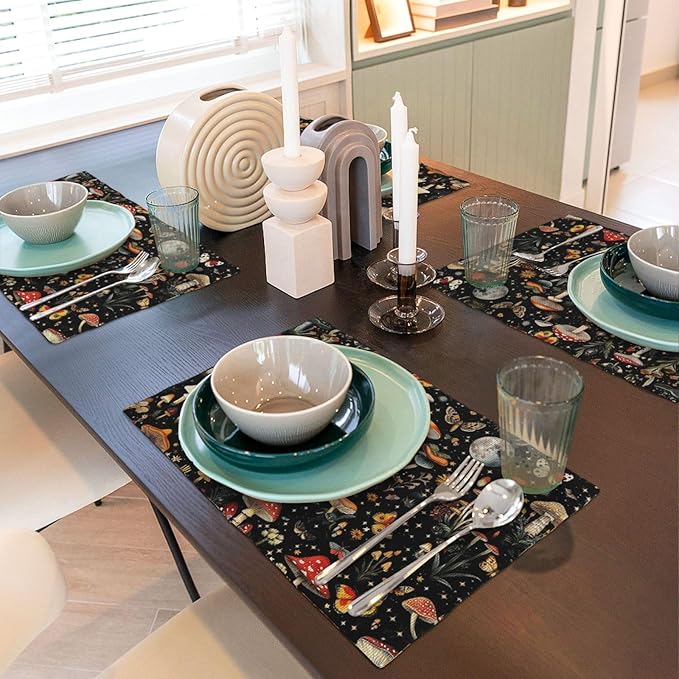 Black Mushroom and Butterfly Linen Placemats Set of 4, Heat Resistant Washable Table Mats for Kitchen Dining Table Party Holiday Outdoor Farmhous, Home Witchy Kitchen Decor, 12" x 18" Place Mats Black
