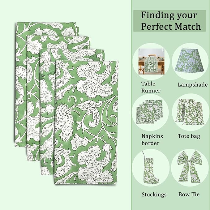 Ridhi Sage Green Hand Block Print 100% Cotton Napkins 18" x 18" (Set of 4) Reuseable Kitchen Napkins Cloth Decor Dinner Party Wedding Cocktail Gift for Spring, Easter, Valentine