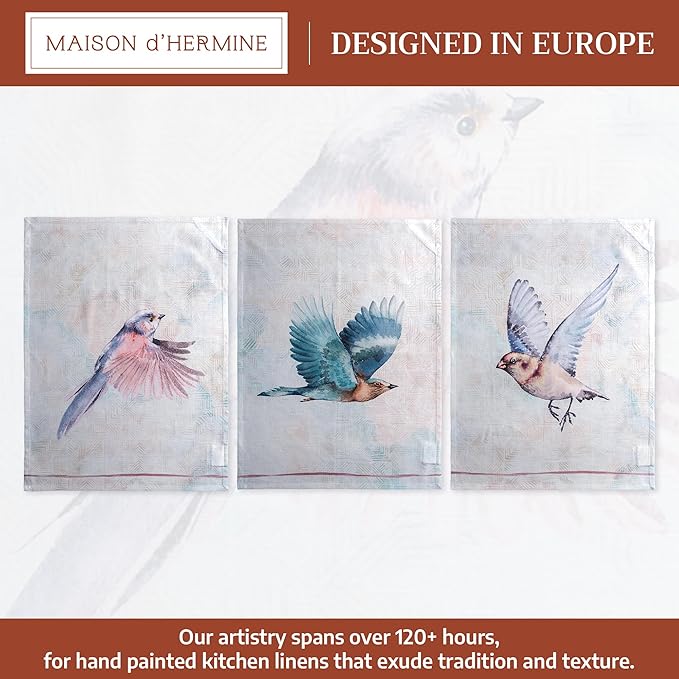 Maison d' Hermine Kitchen Towels Set of 3 100% Cotton 27.50" x 20" Reusable Cloth Tea Dish Towels Absorbent with Hanging Loop for Kitchen Gifts for Mothers Day Spring/Summer (Flying Birds)