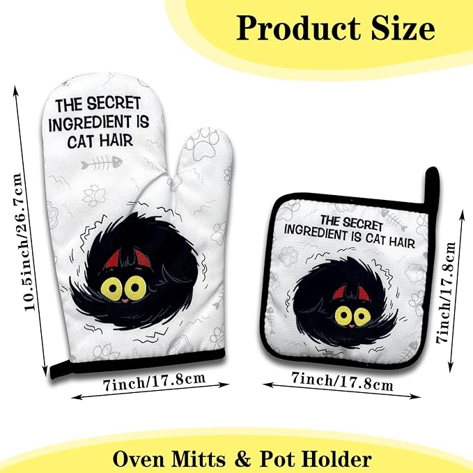 Funny Black Cat Oven Mitts and Pot Holders Set of 3, The Secret Ingredient is Cat Hair, Heat Resistant Non-Slip Kitchen Mitts Hot Pads, Sweet Housewarming Gifts for Hostess Baker Friend
