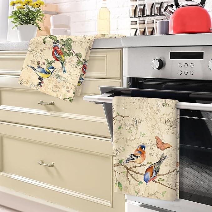 Retro Birds Tea Towels, Cotton Kitchen Towel 18.9 × 27.5 inch, Gifts for Bird Lovers, Quick Drying Dish Cloth for Party Anniversary Holiday Decoration, Housewarming Gifts for Mom