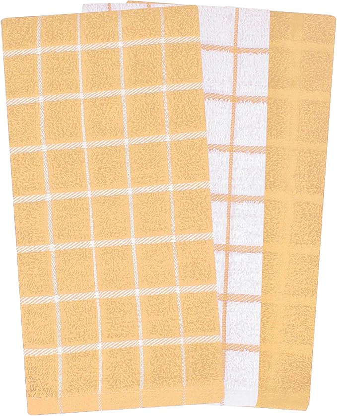 Ritz Premium 100% Cotton Terry Check Kitchen Dish Towels - Highly Absorbent, Super Soft, Long-Lasting, 25"x15", 3-Pack, Straw