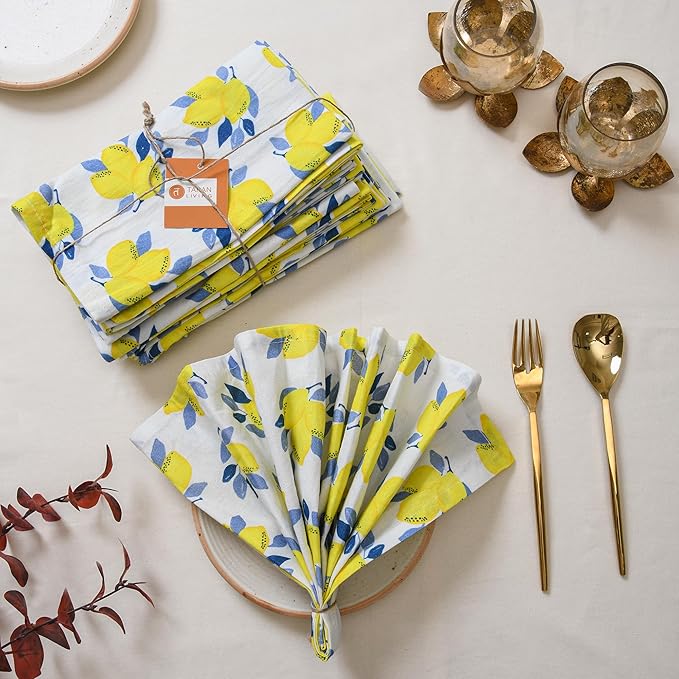 TARAN LIVING Printed Cotton Cloth Napkins Fall Dinner Napkin Set Reusable Machine Washable Fabric for Gifting, House Party Events, Home Decor, Craft - 18"x18" - Set of 4 - Lemon Print