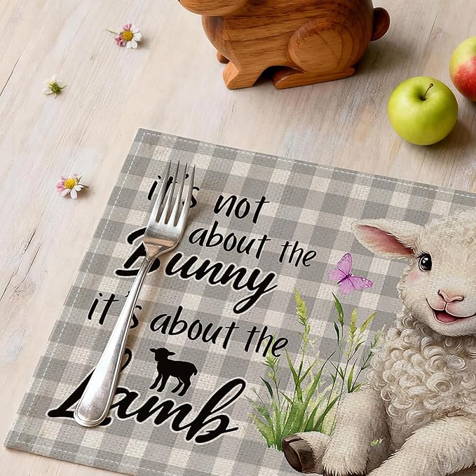 Easter Placemats Set of 4 12x18 inches, It's Not About the Bunny It's About the Lamb Easter Decor for Table, Party, Home - Farmhouse Spring Buffalo Plaid Lamb Table Mat Decroations