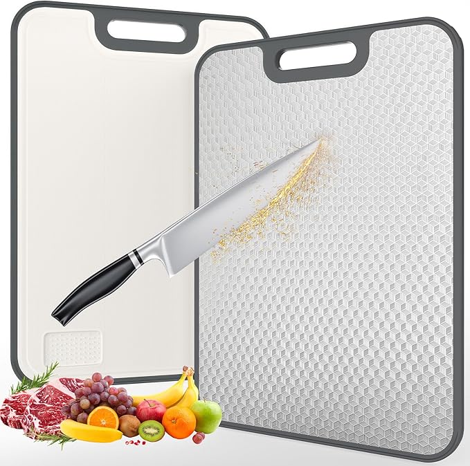 18/8 Stainless Steel Cutting Board, Large Double Sided Chopping Board for Kitchen (17x12"), Food-Grade 304 & Wheat Straw PP, Deep Juice Grooves, Non-Slip & Dishwasher Safe