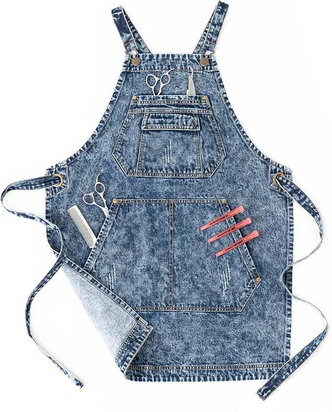 Jeanerlor - Cotton Denim Apron with Pockets for Men - Jean Apron for Hairstylis Cross Straps & Adjustable L to XXL (Denim Blue)