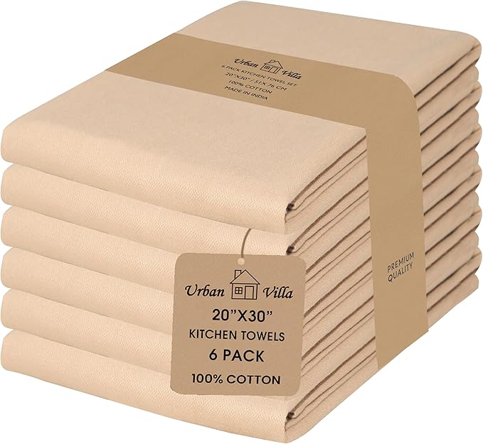 Urban Villa Kitchen Towels 100% Cotton Dish Towels for Kitchen(Set of 6)20”x30” Dish Cloths Highly Absorbent Kitchen Linen Set with Hanging Loop Perfect for Drying Dishes Cleaning Hand Towels – Beige