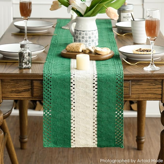 Artoid Mode Dark Green Farmhouse Rustic Table Runner, Seasonal Hollow Kitchen Dining Table Decoration for Home Party Decor 12x48 Inch
