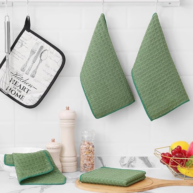 Homaxy Microfiber Waffle Weave Kitchen Towels Set, 16 x 28 Inch and 12 x 12 Inch Ultra Absorbent and Solid Color Dish Towels, 8 Pack, Grass Green
