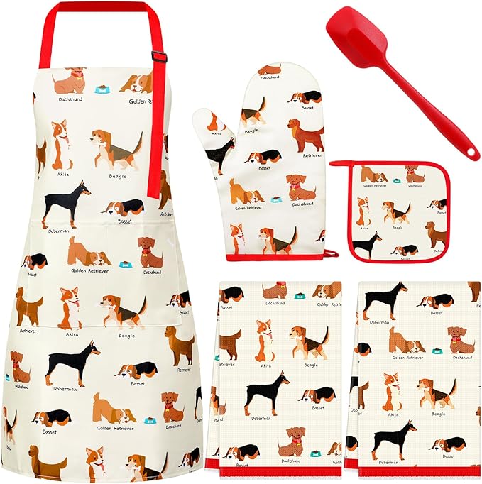 Hoolerry 6 Pcs Dog Kitchen Apron Dish Towels Oven Mitts and Pot Holders Sets with Silicone Spatula for Women Dog kitchen accessories Decor Wife Grandma Cooking Baking Gifts