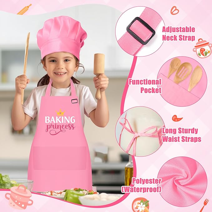 GROBRO7 4Pcs Kids Apron and Chef Hat Set Gift for Girls, Princess Kitchen Baking Princess Pattern Adjustable Kitchen Aprons with 2 Pockets Waterproof Smocks Hats for Baking Cooking Painting Training