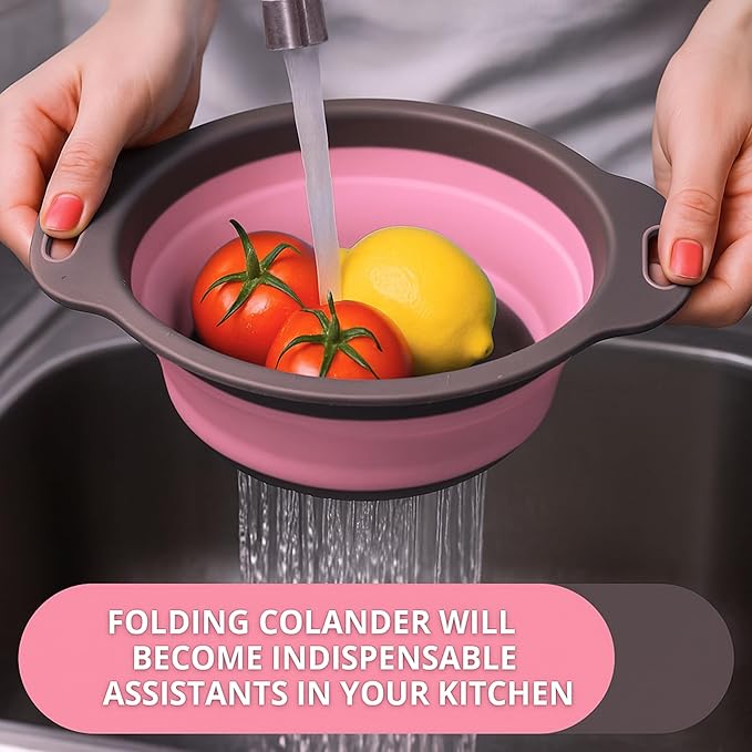Pink Round Silicone Collapsible Colander – Small Silicone Round Kitchen Strainers with Plastic Handles Foldable Kitchen Strainer Perfect for Draining Pasta Vegetable and Fruit