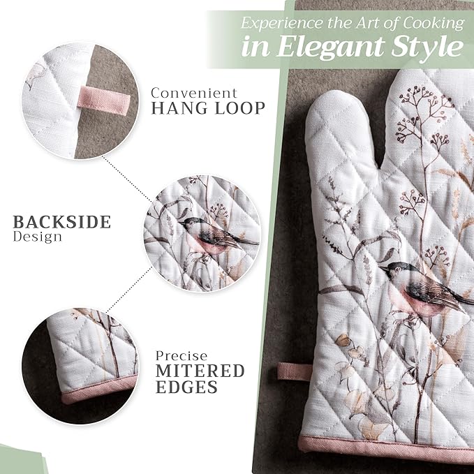 Maison d'Hermine Oven Gloves 100% Cotton Oven Mitt 7" x 13" with Loop Heat Resistant BBQ Cooking Gloves Baking Grilling Gifts for Mothers Day Spring/Summer (Pack of 1, Meadow Florals - Brown)