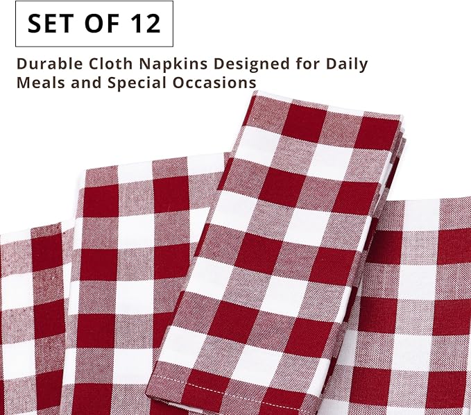 PurpleEssences Buffalo Plaid Cloth Napkins - Mitered Corners - Spring Easter Summer - Gingham Check Dinner Napkin - Set of 12-100% Cotton - 18x18 Inch - Reusable Washable - Red and White