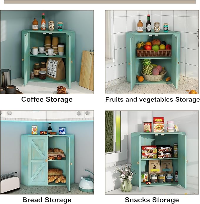 Trironsun Corner Bread Box for Kitchen Counter Double Layer Bamboo Bread Storage Container Large Capacity Bread Storage Bin Farmhouse Breadbox Organizer (Antique Blue)