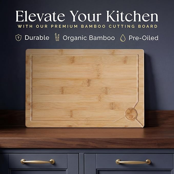 Deer & Oak Premium Extra Large Bamboo Cutting Board - 17.3" x 11.8" x 0.8" Wooden Chopping Board for Meat and Vegetables, Pre-Oiled, Water Resistant, Knife Friendly