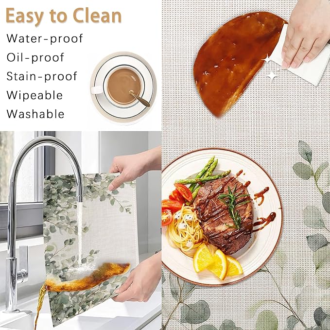 Watercolor Eucalyptus Leaves Placemats Set of 6, Green Branches Table Mates Non-Slip Heat Resistant Washable Linen Place Mats for Party Kitchen Dining Decoration Indoor Outdoor 12"x18"