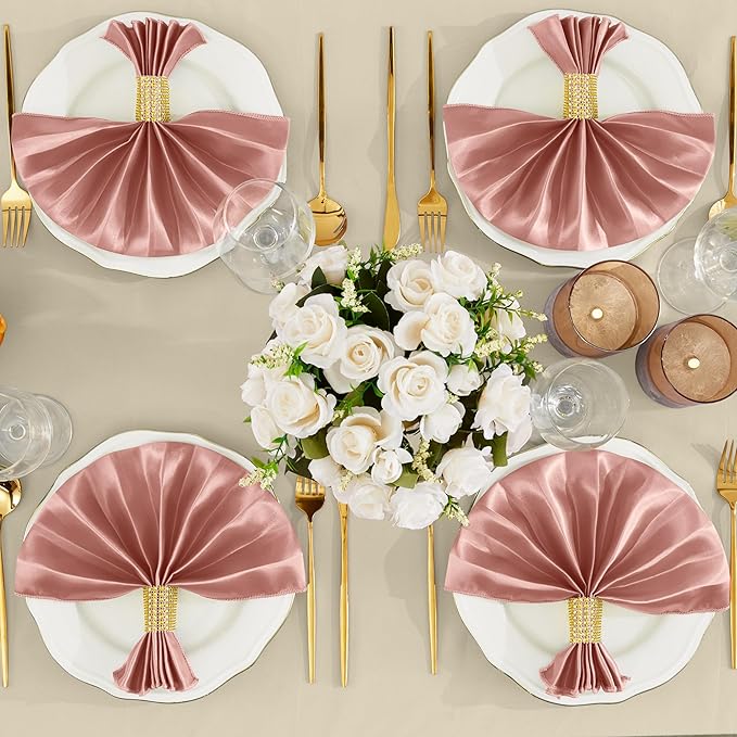 RUDONG M 100 Pcs Rose Gold Satin Napkins and Napkin Rings Set, 17 x 17 Inch Square Cloth Napkins Set of 50, Silky Soft Table Napkins Bulk for Weddings, Banquet, Parties Dinner Decoration