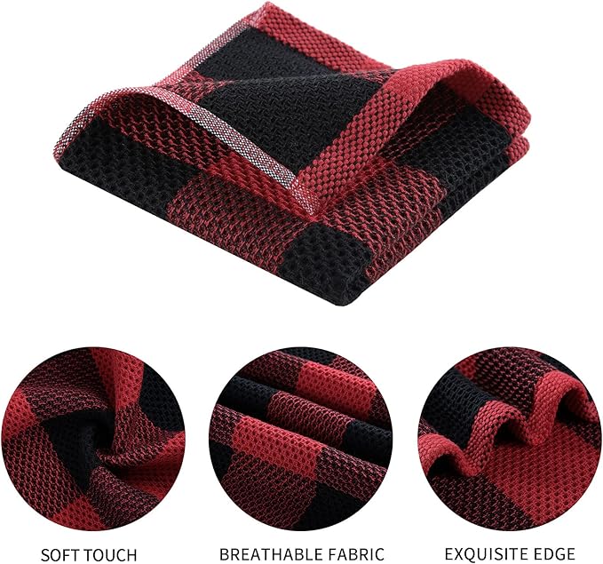 Mordimy 100% Cotton Waffle Weave Plaid Dish Cloths, 12 x 12 Inches, Super Soft and Absorbent Quick Drying Buffalo Check Dish Rags for Kitchen, 6-Pack, Black & Red