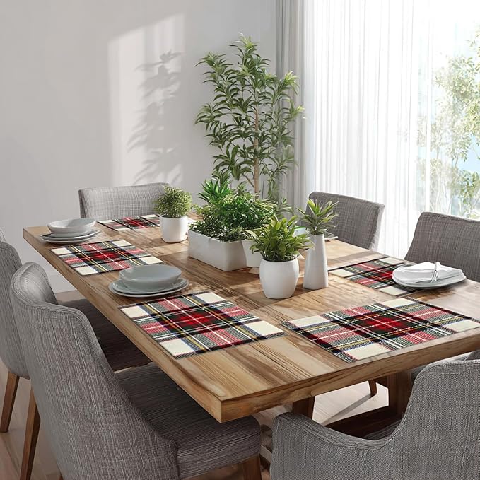 Batmerry Scottish Tartan Placemats, Green Wool Plaid Symmetric Square Fashion Washable Linen Table Mats for Kitchen Table Double Insulation Decor Dining Set Indoor Outdoor 12X18 in Set of 6