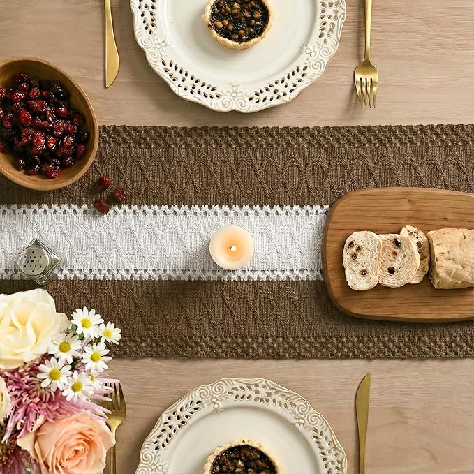 Artoid Mode Light Coffee Farmhouse Rustic Table Runner, Seasonal Hollow Kitchen Dining Table Decoration for Home Party Decor 12x108 Inch
