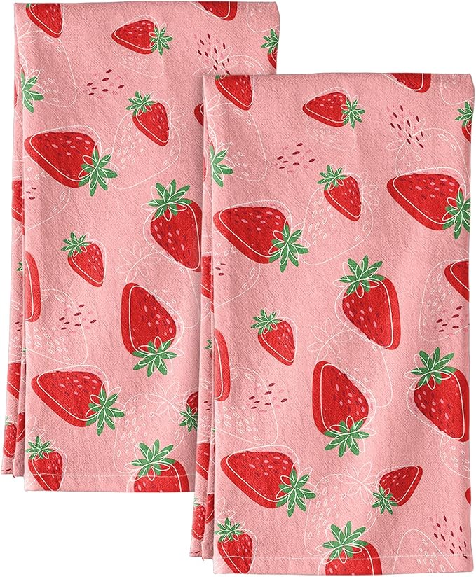 Miss Adola Flour Sack Kitchen Towels Set of 2-18x26 Cotton Dish Towels with Hanging Loop Reusable Tea Towel for Cleaning Spring Absorbent Dishcloths Cute Home Decor Housewarming, Line Strawberry