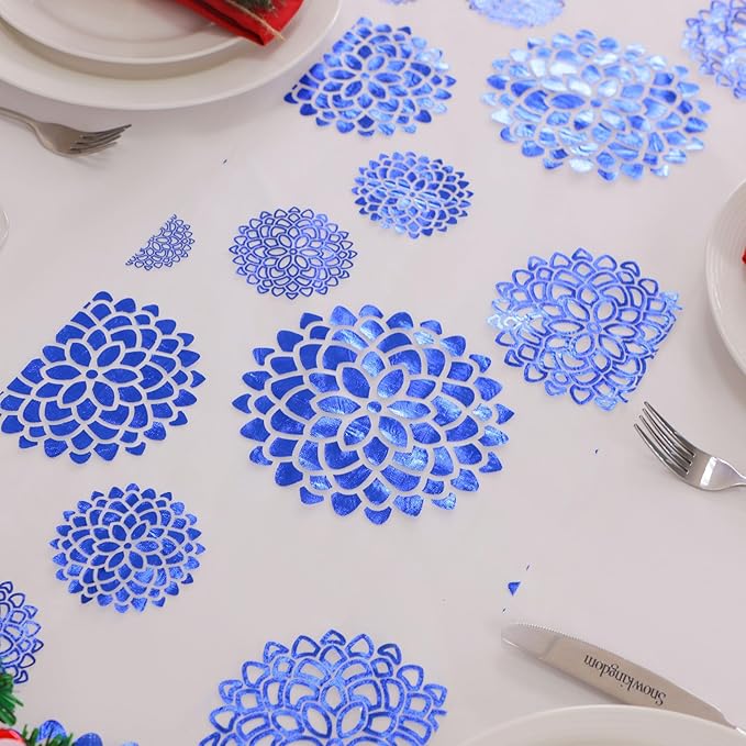 Snowkingdom Blue Dahlia Flowers Table Runner,Glitter Thin Foil Blue and White Dahlia Flowers Mesh Table Runner 11x120 Inch,Kitchen Dining Table Decor for Party Wedding Bridal Birthday Shower