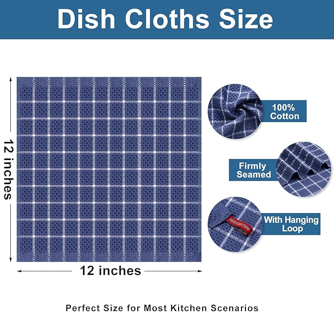 Homaxy 100% Cotton Dish Cloths, 8 Pack-12 X 12 Inches, Check Design Waffle Weave Dish Rags for Washing Dishes, Ultra Absorbent and Fast Drying Dishcloths, Navy Blue&White