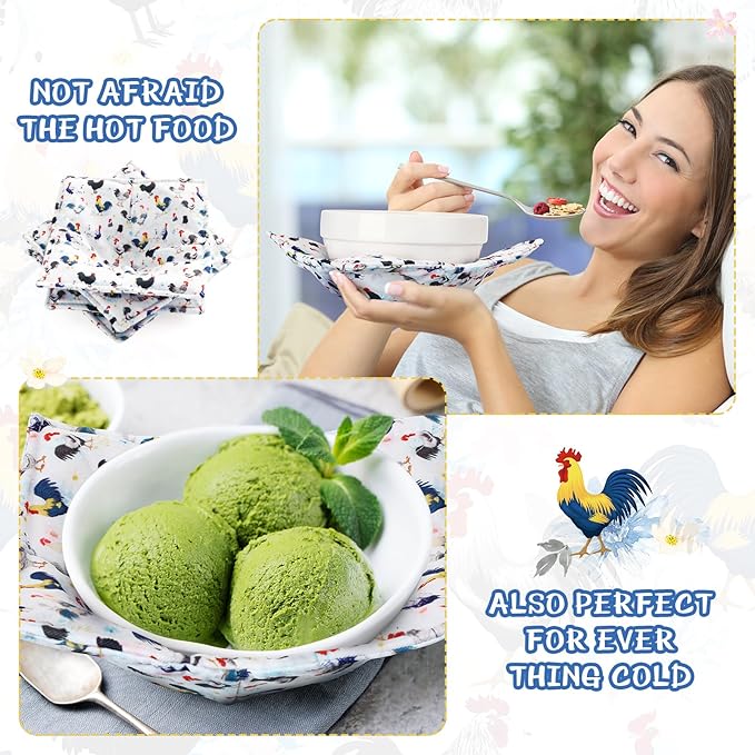 Cunhill 4 Pcs Cotton Microwave Bowl Cozy Holders for Hot Food Hot Pads Soup Bowl Potholders Heat Resistant Multipurpose Quilted Safe Holders for Kitchen Plate Supply(Multi Color,Rooster Style)