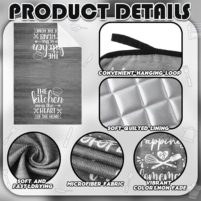 Sratte 6 Pcs Kitchen Decor Accessories Set Farmhouse Towels Pot Holders Oven Mitts Set 2 Dish Towels 2 Potholders 2 Cooking Mittens Oven Glove for Christmas Baking Cooking (Dark Gray)